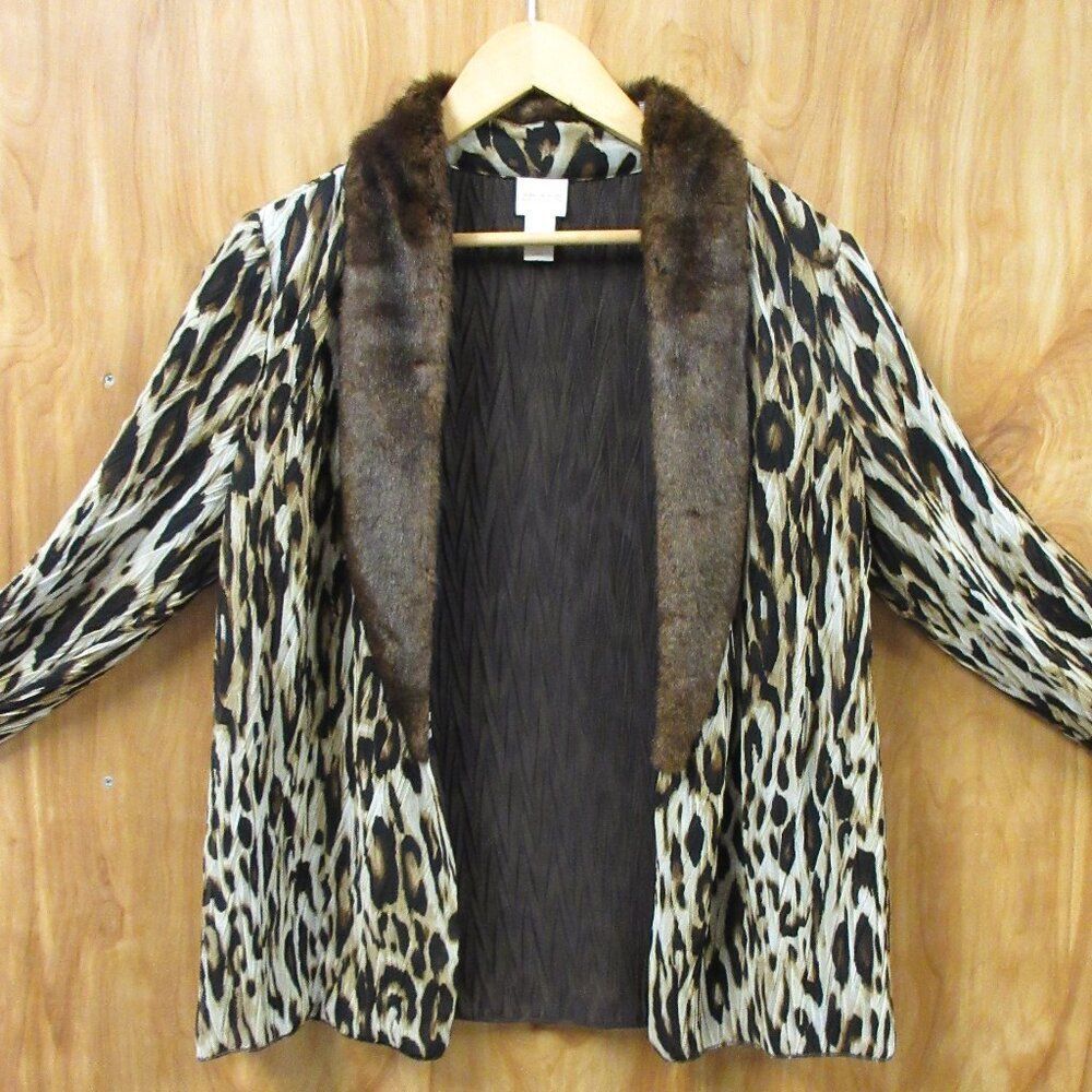 CHICO'S Pleated Elegance Faux Fur Collar Jacket Sz 1 Medium Leopard Animal Print
